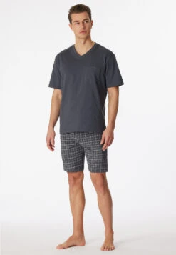 Schiesser Short Pajamas Jersey V-neck Gray - Ebony 9 Schiesser Short Pajamas Jersey V-neck Gray - Ebony -Uni Style Shop schlafanzug kurz jersey v ausschnitt grau ebony 159636 203 detail2