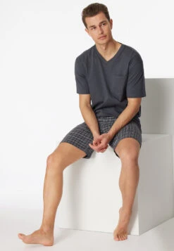 Schiesser Short Pajamas Jersey V-neck Gray - Ebony 11 Schiesser Short Pajamas Jersey V-neck Gray - Ebony -Uni Style Shop schlafanzug kurz jersey v ausschnitt grau ebony 159636 203 front