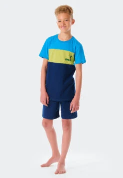 Schiesser Short Pajamas Organic Cotton Block Stripes Blue - Siesta Digital