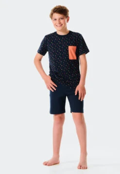 Schiesser Short Pajamas Organic Cotton Breast Pocket Dark Blue - Summer Camp -Uni Style Shop schlafanzug kurz organic cotton brusttasche dunkelblau summer camp 176634 803 detail2