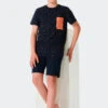 Schiesser Short Pajamas Organic Cotton Breast Pocket Dark Blue - Summer Camp