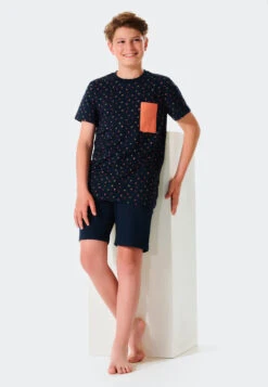 Schiesser Short Pajamas Organic Cotton Breast Pocket Dark Blue - Summer Camp