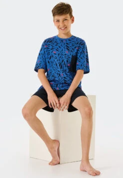 Schiesser Pajamas Short Organic Cotton Chest Pocket Fish Aqua - Aquatic Flow -Uni Style Shop schlafanzug kurz organic cotton brusttasche fische aqua aquatic flow 178985 833 front