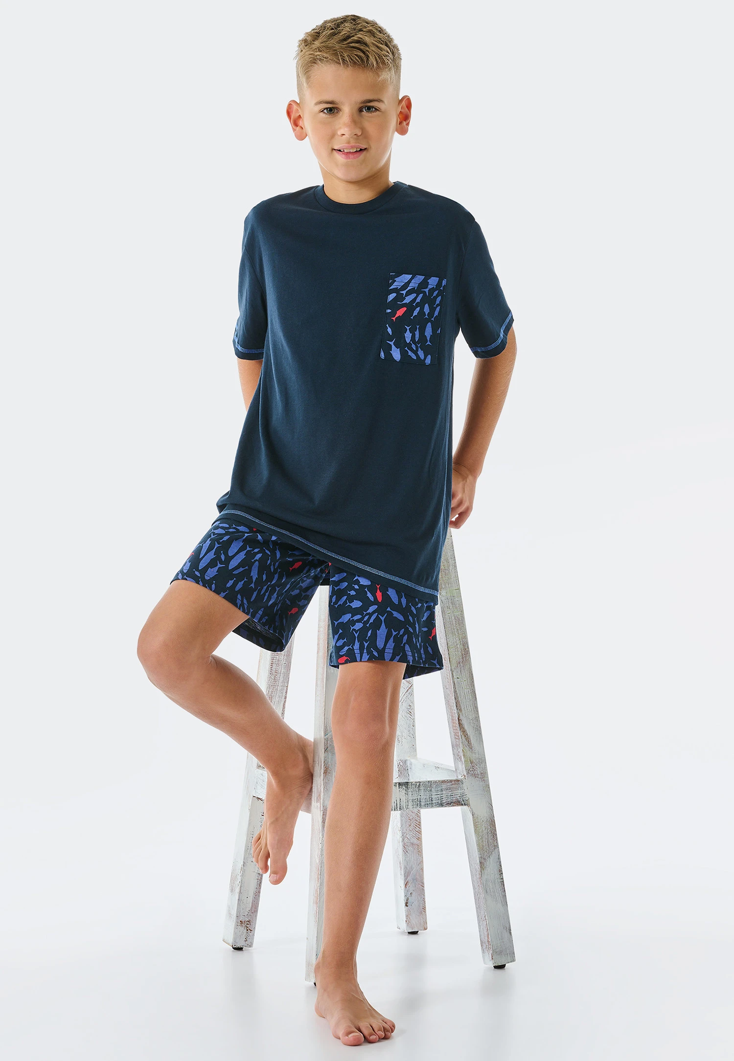 Schiesser Pajamas Short Organic Cotton Chest Pocket Fish Dark Blue - Aquatic Flow 2 Schiesser Pajamas Short Organic Cotton Chest Pocket Fish Dark Blue - Aquatic Flow - Image 2