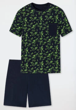 Schiesser Pajamas Short Organic Cotton Breast Pocket Surfer Dark Blue - Ocean Flow -Uni Style Shop schlafanzug kurz organic cotton brusttasche surfer dunkelblau ocean flow 178985 803 detail1