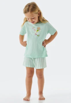 Schiesser Pajamas Short Organic Cotton Cat Paper Boat Stripes Mint - Cat Zoe