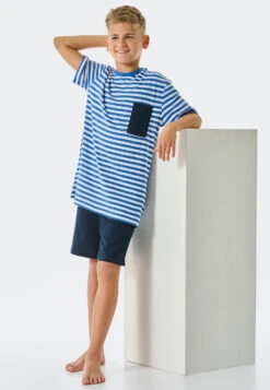 Schiesser Pajamas Short Organic Cotton Stripes Aqua – Aquatic Flow -Uni Style Shop schlafanzug kurz organic cotton ringel aqua aquatic flow 178981 833 front