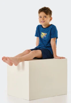 Schiesser Pajamas Short Organic Cotton Stripes Construction Vehicle Blue - Original Classics