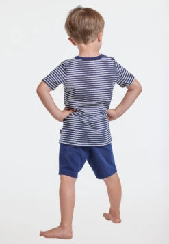 Schiesser Pajamas Short Organic Cotton Stripes Construction Vehicle Dark Blue – Original Classics -Uni Style Shop schlafanzug kurz organic cotton ringel baufahrzeug dunkelblau original classics 173448 803 back