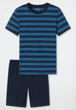Schiesser Pajamas Short Organic Cotton Stripes Blue - Nightwear