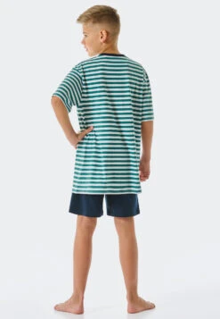 Schiesser Pajamas Short Organic Cotton Stripes Dark Green – Ocean Flow -Uni Style Shop schlafanzug kurz organic cotton ringel dunkelgruen ocean flow 178981 702 back