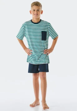 Schiesser Pajamas Short Organic Cotton Stripes Dark Green – Ocean Flow -Uni Style Shop schlafanzug kurz organic cotton ringel dunkelgruen ocean flow 178981 702 detail2