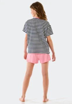 Schiesser Pajamas Short Organic Cotton Stripes Heart Dark Blue - Aquatic Flow