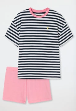 Schiesser Pajamas Short Organic Cotton Stripes Heart Dark Blue - Aquatic Flow -Uni Style Shop schlafanzug kurz organic cotton ringel herz dunkelblau aquatic flow 178964 803 detail1