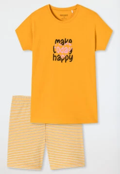 Schiesser Short Pajamas Organic Cotton Stripes Heart Yellow - Happy Summer -Uni Style Shop schlafanzug kurz organic cotton ringel herz gelb happy summer 176629 600 detail1