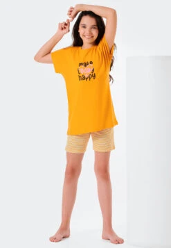 Schiesser Short Pajamas Organic Cotton Stripes Heart Yellow - Happy Summer