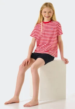 Schiesser Pajamas Short Organic Cotton Stripes Heart Red - Aquatic Flow -Uni Style Shop schlafanzug kurz organic cotton ringel herz rot aquatic flow 178964 500 front