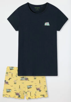 Schiesser Pajamas Short Organic Cotton Ruffles Camper Dark Blue - Ocean Flow