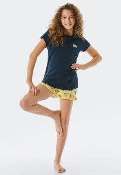 Schiesser Pajamas Short Organic Cotton Ruffles Camper Dark Blue - Ocean Flow -Uni Style Shop schlafanzug kurz organic cotton rueschen camper dunkelblau ocean flow 178966 803 detail2