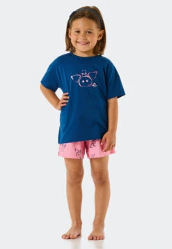 Schiesser Pajamas Short Organic Cotton Pigs Blue - Girls World -Uni Style Shop schlafanzug kurz organic cotton schweine blau girls world 178917 800 front