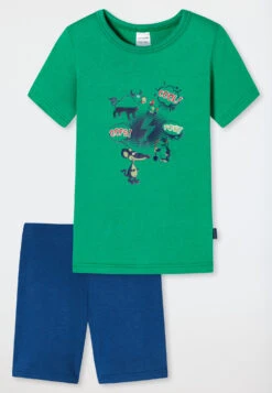 Schiesser Pajamas Short Organic Cotton Animals Comic Dark Green - Boys World