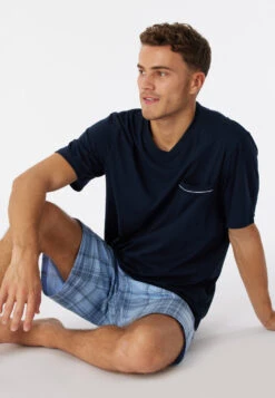 Schiesser Pajamas Short Organic Cotton V-neck Check Air - Comfort Fit -Uni Style Shop schlafanzug kurz organic cotton v ausschnitt karos air comfort fit 179114 802 front