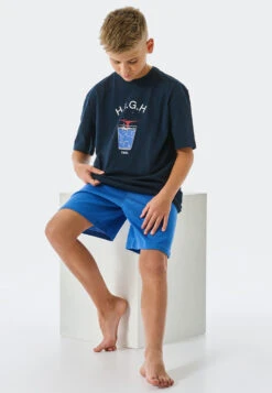 Schiesser Pajamas Short Organic Cotton Water Dark Blue - Aquatic Flow 7 Schiesser Pajamas Short Organic Cotton Water Dark Blue - Aquatic Flow -Uni Style Shop schlafanzug kurz organic cotton wasser dunkelblau aquatic flow 178987 803 front