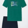 Schiesser Pajamas Short Organic Cotton Waves Dark Green - Ocean Flow