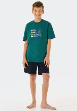 Schiesser Pajamas Short Organic Cotton Waves Dark Green - Ocean Flow -Uni Style Shop schlafanzug kurz organic cotton wellen dunkelgruen ocean flow 178983 702 detail2