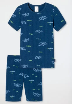 Schiesser Pajamas Short Tencel Organic Cotton Ribbed Paper Boats Fish Blue - Rat Henry -Uni Style Shop schlafanzug kurz tencel organic cotton gerippt papierschiffe fische blau rat henry 179046 800 detail1