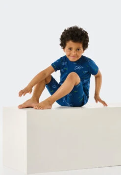 Schiesser Pajamas Short Tencel Organic Cotton Ribbed Paper Boats Fish Blue - Rat Henry