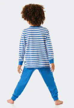 Schiesser Pajamas Long Bamboo Organic Cotton Cuffs Stripes Pelican Aqua - Natural Love