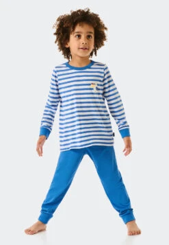 Schiesser Pajamas Long Bamboo Organic Cotton Cuffs Stripes Pelican Aqua - Natural Love -Uni Style Shop schlafanzug lang bamboo organic cotton buendchen ringel pelikan aqua natural love 179021 833 front