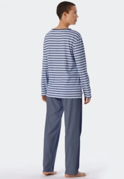 Schiesser Pajamas Long Organic Cotton Breton Stripes Blue - Essential Stripes -Uni Style Shop schlafanzug lang bio baumwolle bretonstreifen blau essential stripes 179133 800 back