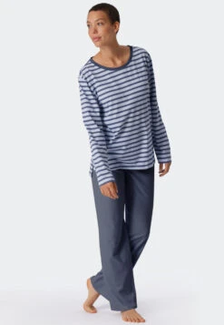 Schiesser Pajamas Long Organic Cotton Breton Stripes Blue - Essential Stripes -Uni Style Shop schlafanzug lang bio baumwolle bretonstreifen blau essential stripes 179133 800 front