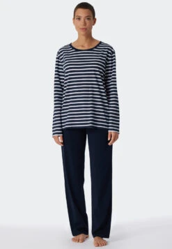 Schiesser Pajamas Long Organic Cotton Breton Stripes Dark Blue - Essential Stripes -Uni Style Shop schlafanzug lang bio baumwolle bretonstreifen dunkelblau essential stripes 179133 803 detail2