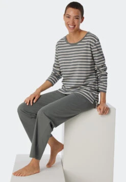 Schiesser Pajamas Long Organic Cotton Breton Stripes Jade - Essential Stripes -Uni Style Shop schlafanzug lang bio baumwolle bretonstreifen jade essential stripes 179133 713 front