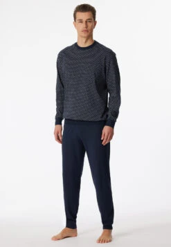 Schiesser Long Pajamas With Cuffs Dark Blue Patterned - Dark Sapphire -Uni Style Shop schlafanzug lang buendchen dunkelblau gemustert dark sapphire 159620 803 detail2