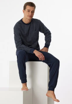 Schiesser Long Pajamas With Cuffs Dark Blue Patterned - Dark Sapphire -Uni Style Shop schlafanzug lang buendchen dunkelblau gemustert dark sapphire 159620 803 front