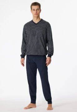 Schiesser Long Pajamas With Cuffs Dark Blue Check - Dark Sapphire -Uni Style Shop schlafanzug lang buendchen dunkelblau kariert dark sapphire 159618 803 detail2