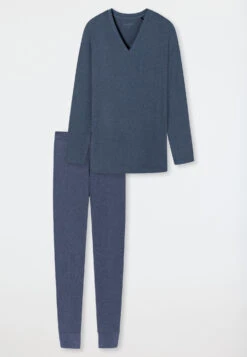 Schiesser Pajamas Long Double Rib Modal V-neck Blue - Modern Rib - Natural Dye -Uni Style Shop schlafanzug lang doppelripp modal v ausschnitt blau modern rib natural dye 179694 800 detail1