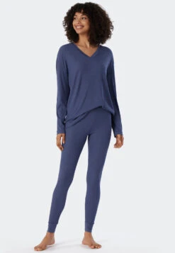 Schiesser Pajamas Long Double Rib Modal V-neck Blue - Modern Rib - Natural Dye