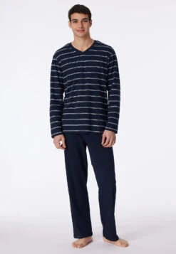 Schiesser Long Dark Blue And White Striped Pajamas - Dark Sapphire -Uni Style Shop schlafanzug lang dunkelblau weiss geringelt dark sapphire 159622 803 detail2