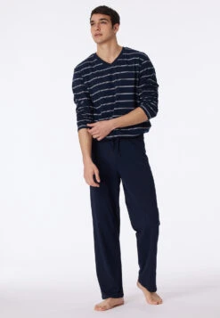 Schiesser Long Dark Blue And White Striped Pajamas - Dark Sapphire -Uni Style Shop schlafanzug lang dunkelblau weiss geringelt dark sapphire 159622 803 front
