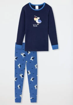 Schiesser Pajamas Long Fine Rib Organic Cotton Cuffs Leggings Pelican Fish Dark Blue - Natural Love -Uni Style Shop schlafanzug lang feinripp organic cotton buendchen leggings pelikan fische dunkelblau natural love 179019 803 detail1