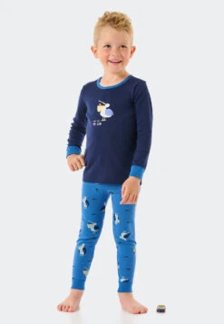 Schiesser Pajamas Long Fine Rib Organic Cotton Cuffs Leggings Pelican Fish Dark Blue - Natural Love -Uni Style Shop schlafanzug lang feinripp organic cotton buendchen leggings pelikan fische dunkelblau natural love 179019 803 front