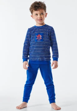 Schiesser Pajamas Long Terry Organic Cotton Cuffs Stripes Shark Saber Royal Blue - Capt'n Sharky -Uni Style Shop schlafanzug lang frottee organic cotton buendchen ringel hai saebel royal capt n sharky 177840 819 detail2