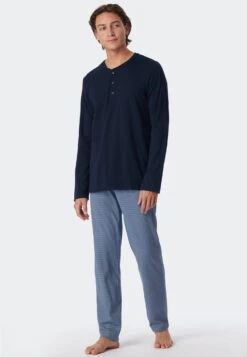 Schiesser Pajamas Long Interlock Button Placket Air Patterned - Fine Interlock 9 Schiesser Pajamas Long Interlock Button Placket Air Patterned - Fine Interlock -Uni Style Shop schlafanzug lang interlock knopfleiste air gemustert fine interlock 179115 802 detail2