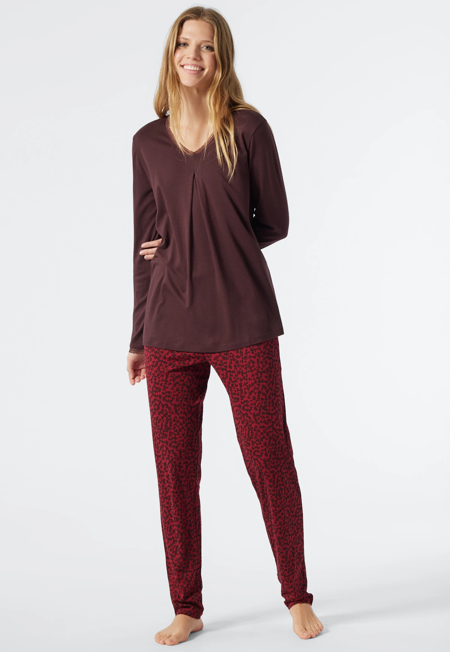 Schiesser Pajamas Long Interlock V-neck Lace Burgundy - Classic Comfort Fit 2 Schiesser Pajamas Long Interlock V-neck Lace Burgundy - Classic Comfort Fit - Image 2