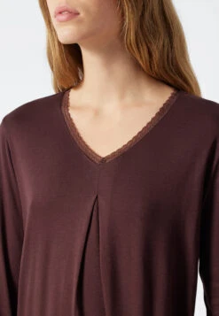 Schiesser Pajamas Long Interlock V-neck Lace Burgundy - Classic Comfort Fit